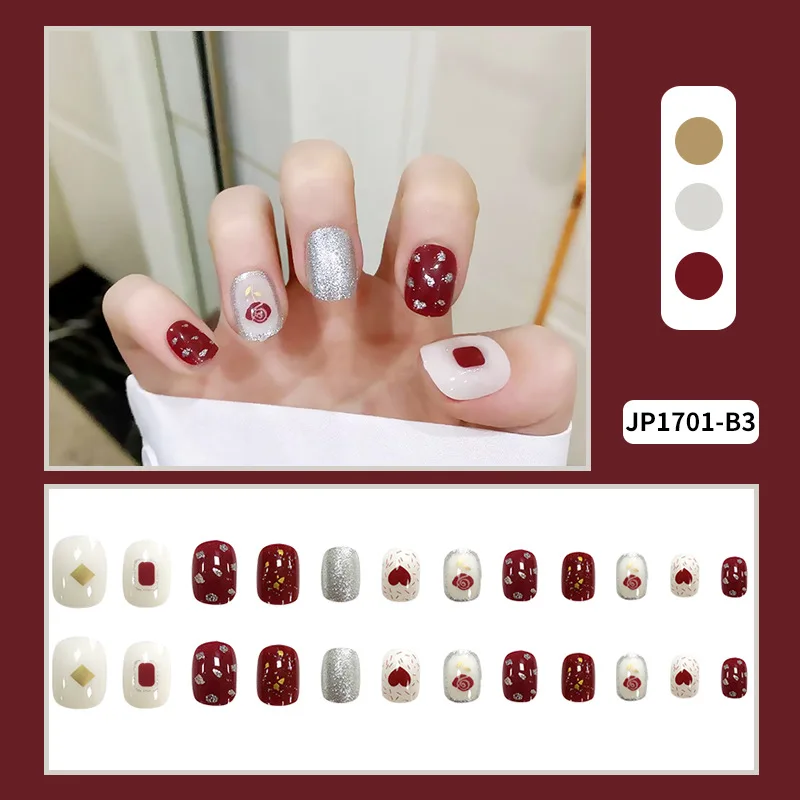 

24pcs Wine Red Rose Wear Long Paragraph Fashion Manicure Patch False Nails Save Time Wearable Nail Patch CIN6 899