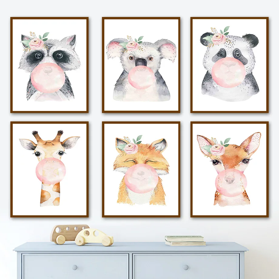 

Deer Fox Giraffe Panda Raccoon Koala Cartoon Wall Art Canvas Painting Nordic Posters And Prints Wall Pictures Kids Room Decor