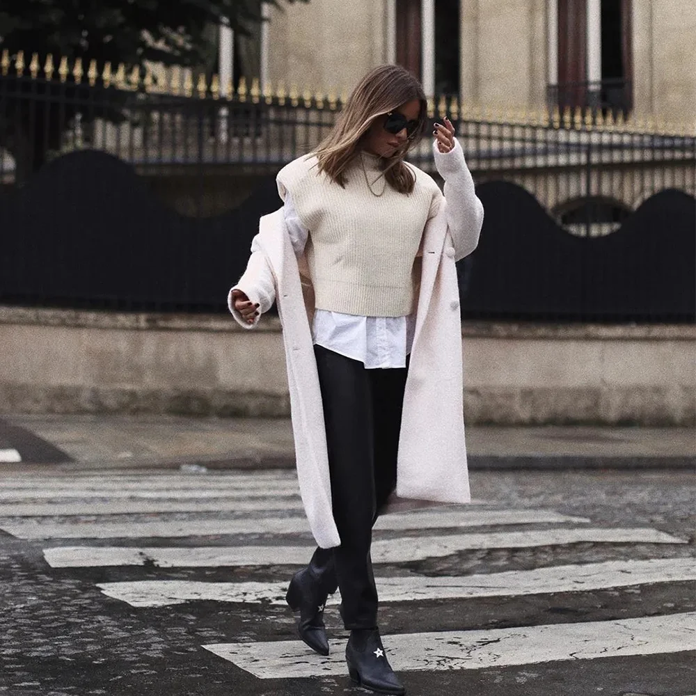 

Women's shoulder padding stand-up collar sweater sleeveless pullover pure color simple sweater not itchy women's short top vest