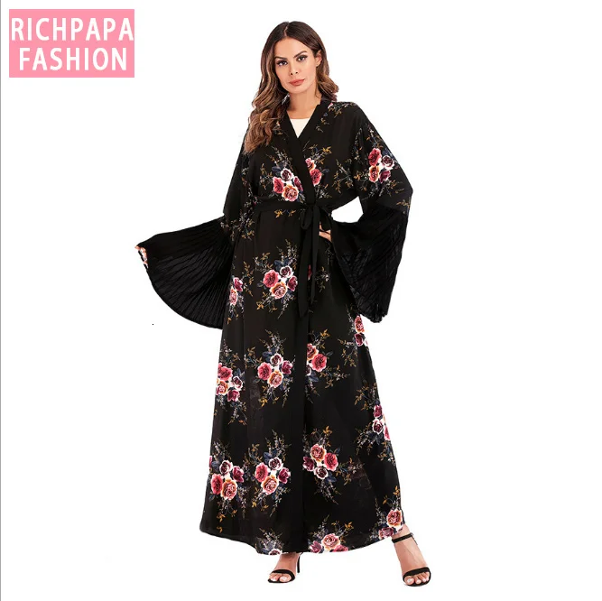 Макси Платье с расклешенным рукавом принт в мусульманском стиле кардиган