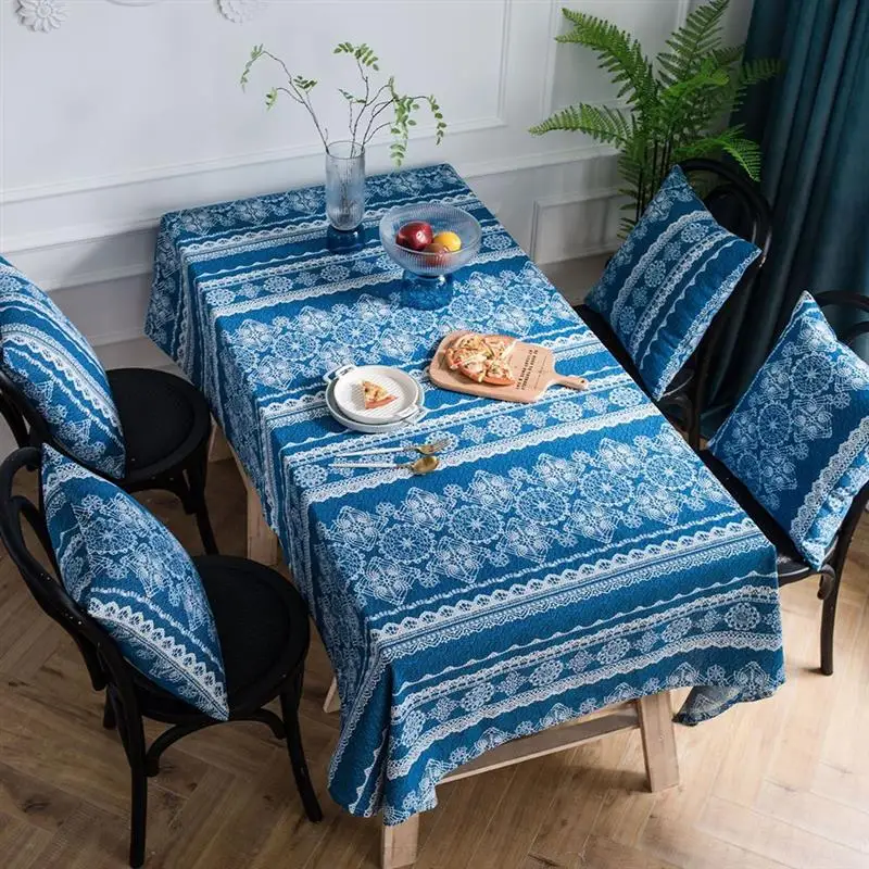 Скатерть из хлопка и льна с принтом синяя кружевная ткань в стиле ретро для