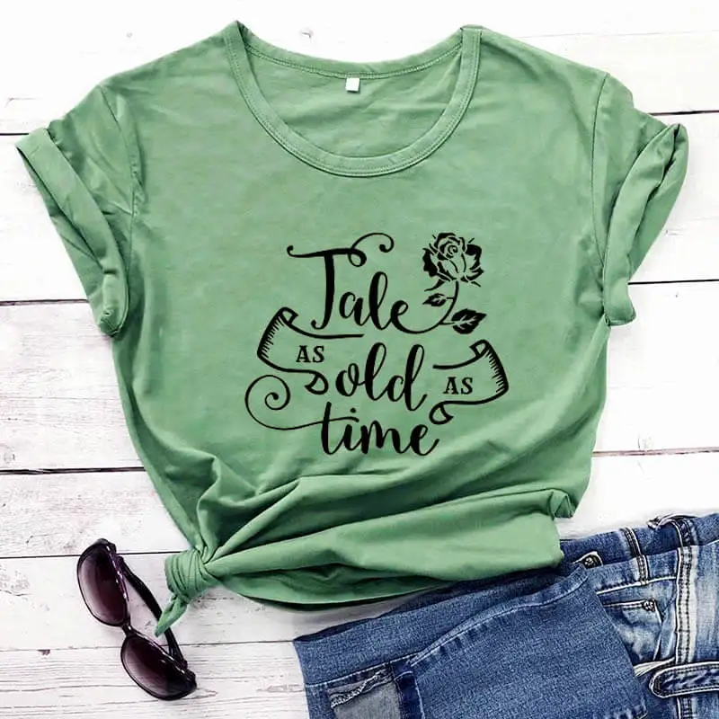 olive-black text Tale as old as time/Новое поступление, женская летняя забавная Повседневная футболка из хлопка, семейная рубашка для женщин - Цвет: olive-black text