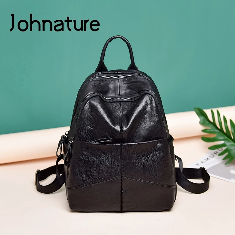 

Johnature Korean Leisure Genuine Leather Bagpack Women College Bags First Layer Cowhide Backpack Large Capacity Travel Bag