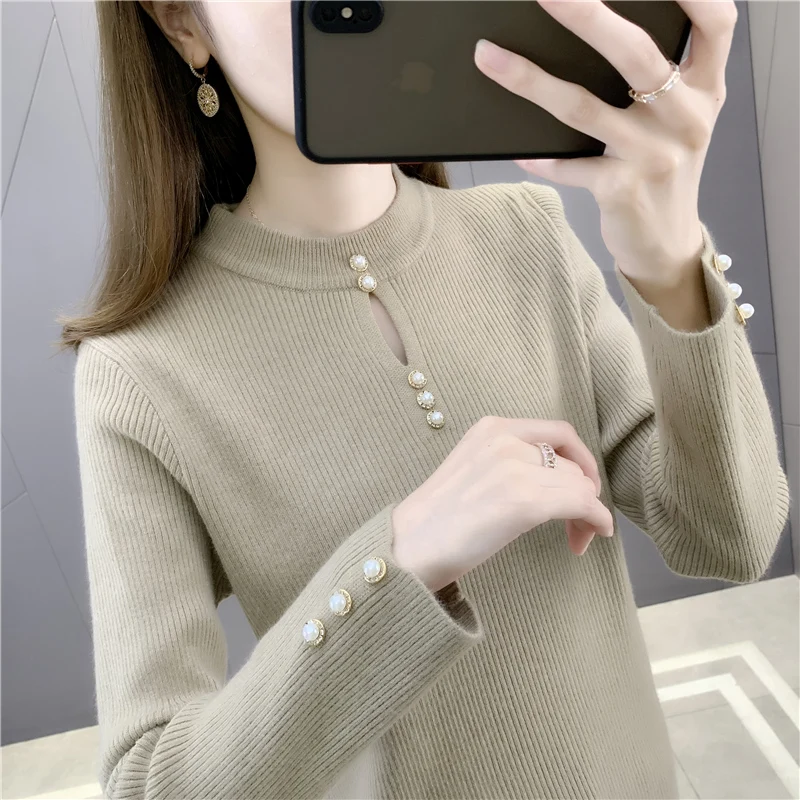 

208982, row 7, No. 1 middle] real shooting solid color round neck nail bead hollowed out Pullover bottoming shirt 47