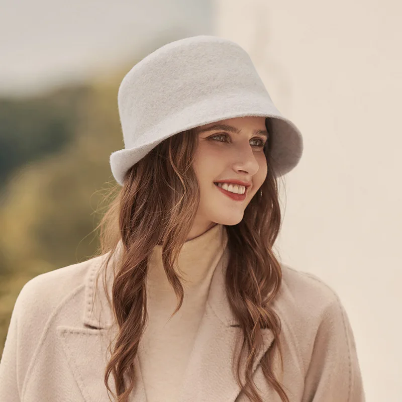 

Autumn and Winter Women's Flat-top Small Bowler Hat Wool Curled Simple Temperament Solid Color Fisherman Hat