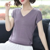 short sleeve t shirt womens 2021 summer new thin chicken heart collar solid ice silk knitted loose v neck top