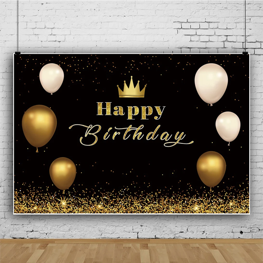 

Laeacco Gold Glitters Crown Balloons Birthday Party Photography Backdrop Banner Decor Black Photographic Background Photo Studio