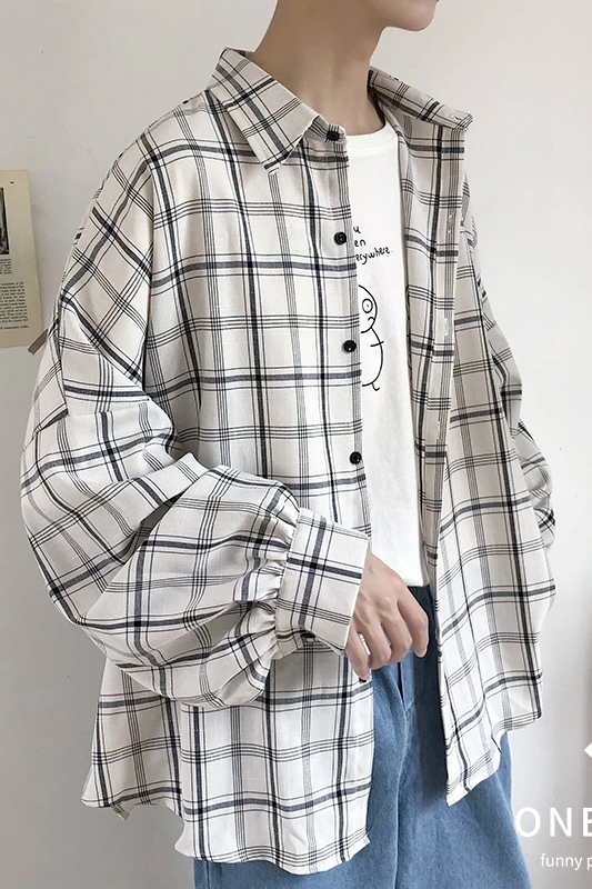 

Plaid Long Sleeve Shirt Top Coat Korean Style Trendy Japanese Style Loose Men's Casual Shirt Fashion Brand
