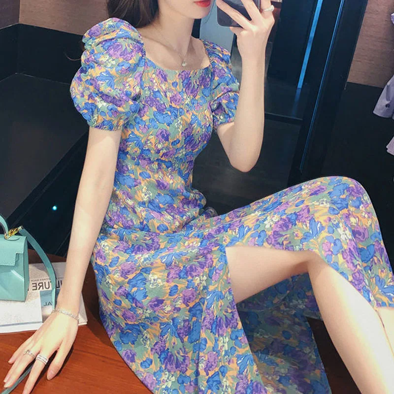 

Floral Print Dress Women Sexy Puff Sleeve Chiffon Party Dress Lady 2021 Summer Elegant Vintage Retro Split Dress Women 2021