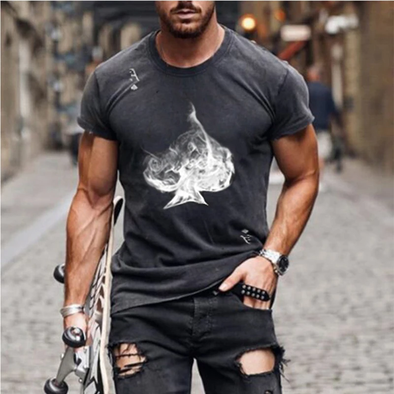 

Hot New Men's Loose Personality Oversized T-shirt Summer 3D Printing Spades A Fashion Short-sleeved Casual O-Neck Sports Top