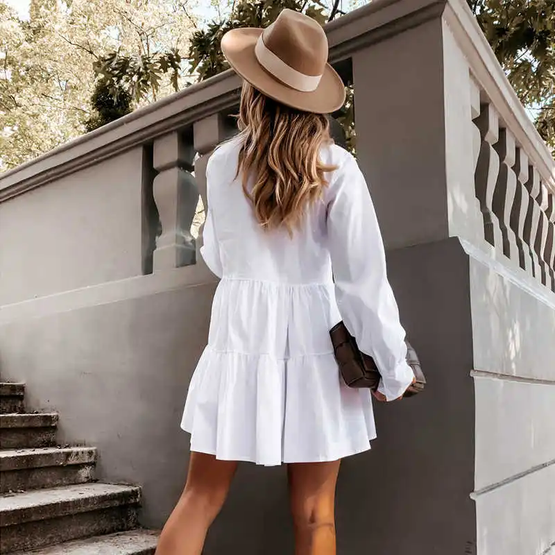 

Women Autumn long sleeve white sleeve in pleated shirt casual winter loose mini dress ladies line dressed