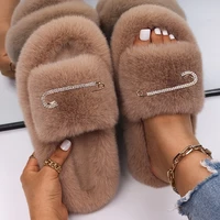 womens slippers faux fur rhinestone pin decor slides flat sandals fluffy fashion slippers platform flip flops designer shoes