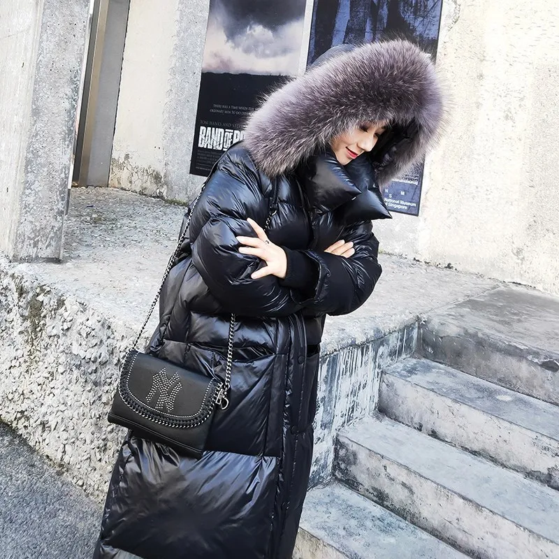 Женское длинное пуховое пальто свободная теплая пуховая куртка с капюшоном из