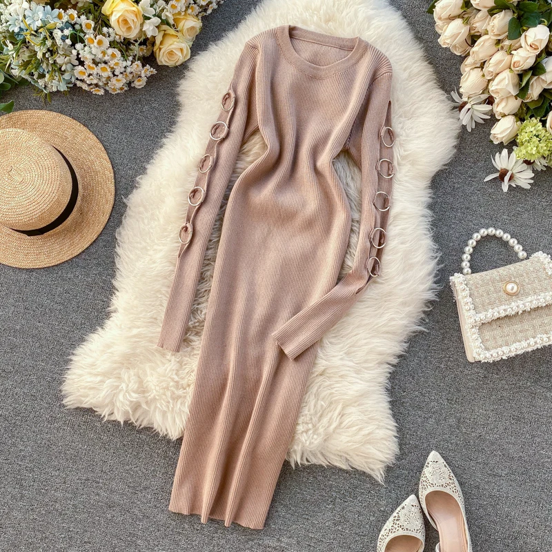 HISUMA весна-осень новинка женское вязаное платье-футляр с круглым вырезом и