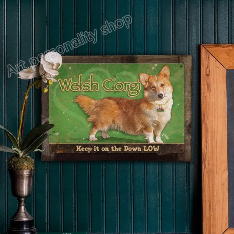 Валлийская корги собака металлический знак держать его вниз низкий зоомагазин