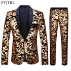 Мужской костюм PYJTRL с отложным воротником, два фото, с брюками, блестками, бархатный блейзер, черный, золотой, блестящий костюм с цветами, куртка, костюм диджея, певицы