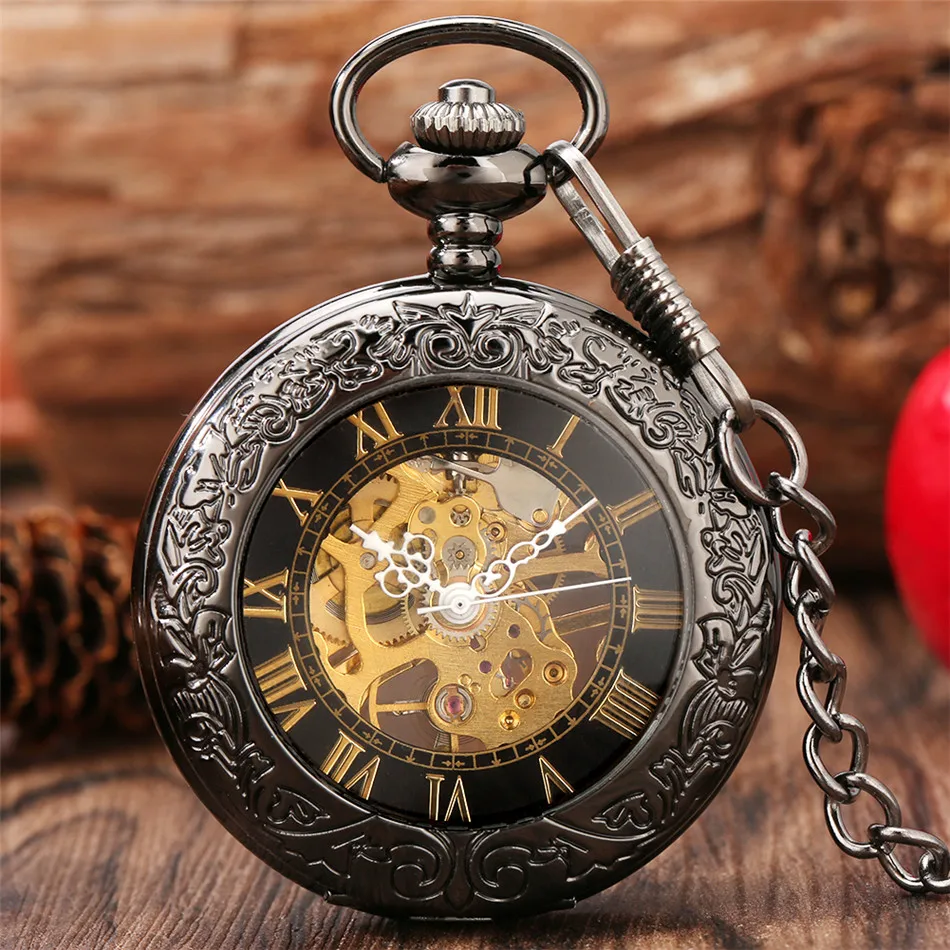 

Transparent Glass Roman Numerals Mechanical Hand-wind Pocket Watch Antique Black Pendant Watch Thanksgiving Gifts