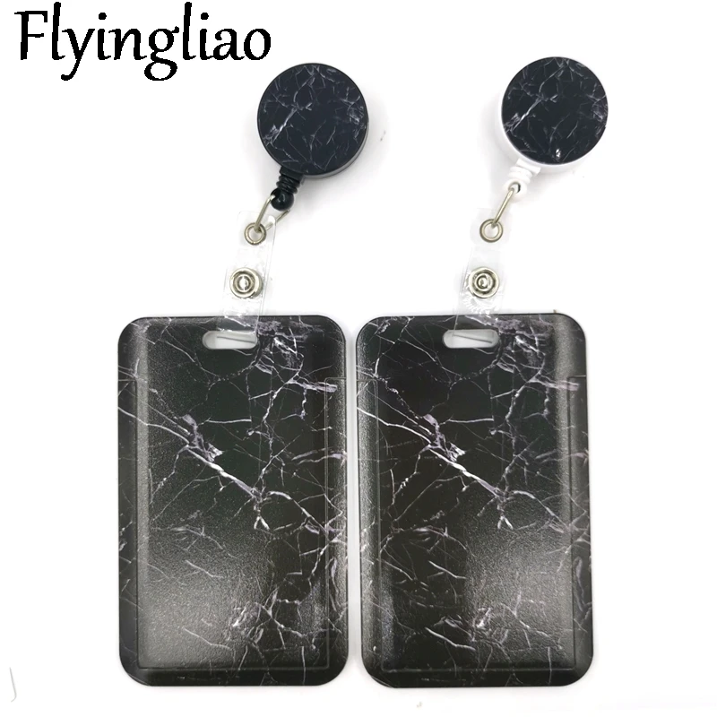 

Black Marble Cute Credit Card Cover Lanyard Bags Retractable Badge Reel Student Nurse Exhibition Enfermera Name Clips Card ID