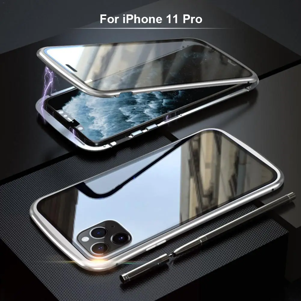 For iPhone 11 Pro Магнитный чехол Адсорбция мобильного телефона металлический каркас двойное закаленное стекло чехол для IPhone 11 Pro Max - Цвет: For iPhone 11 Pro