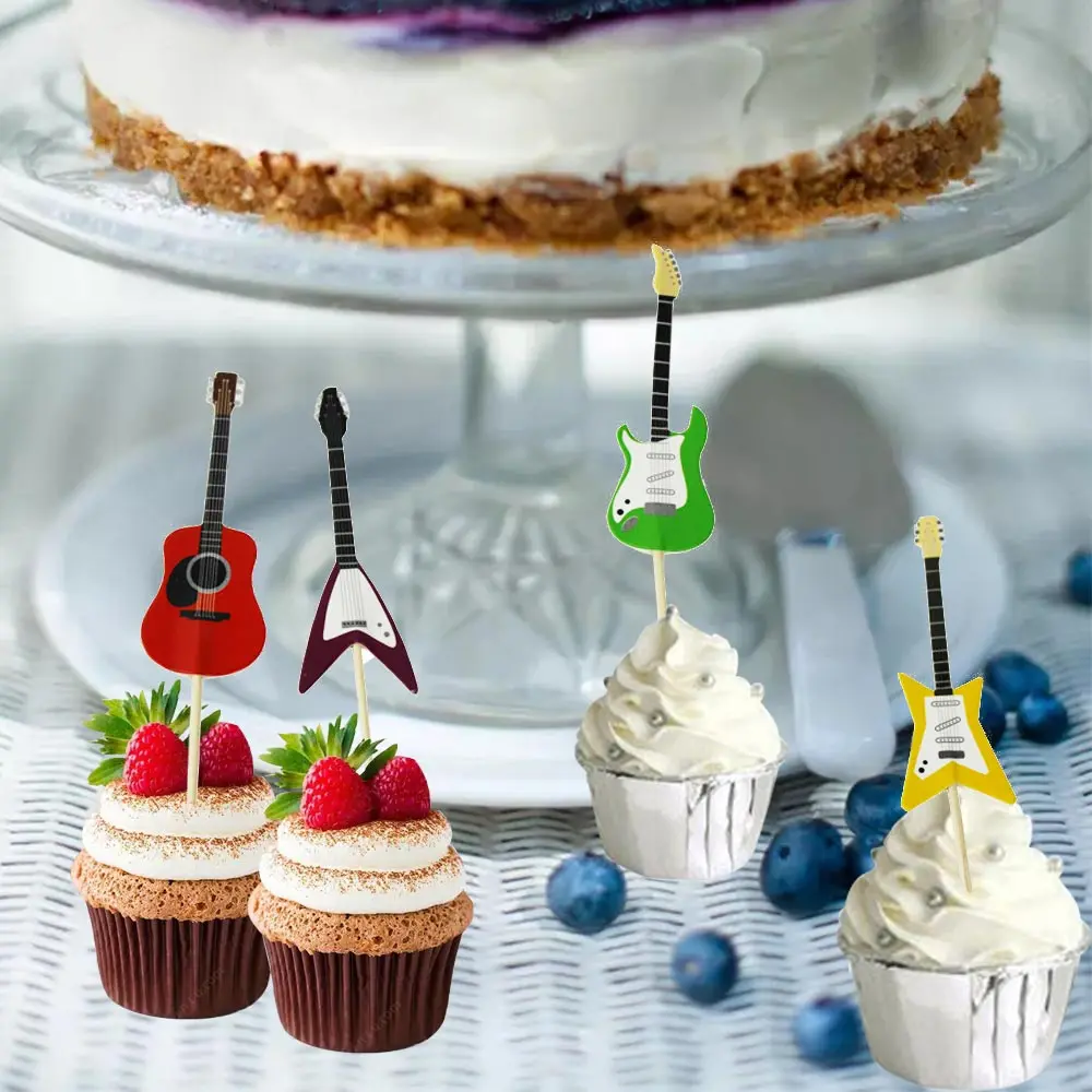 24pcs Guitar Musical Instrument Shape Cupcake Toppers Cupcake Decorating Tools Cake Flag for Baby Shower Boy Girl Party Supplies