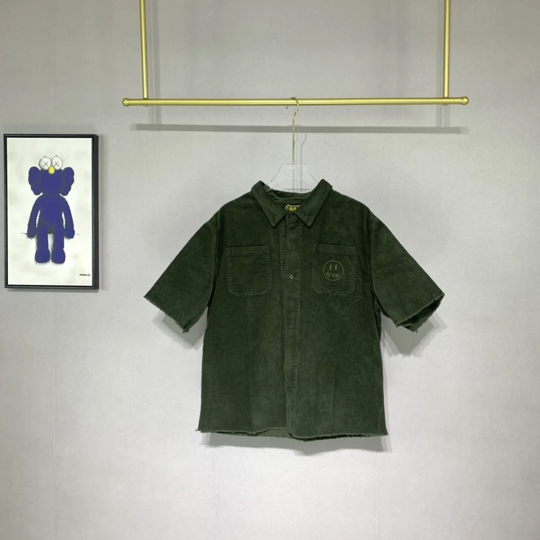 

2021ss Justin Bieber Drew House Shirt Men Women Hip hop Streetwear Vintage Corduroy Shirts Short Sleeve Cotton Shirt