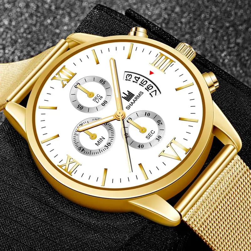 Роскошные золотые деловые часы из нержавеющей стали с сетчатым ремешком