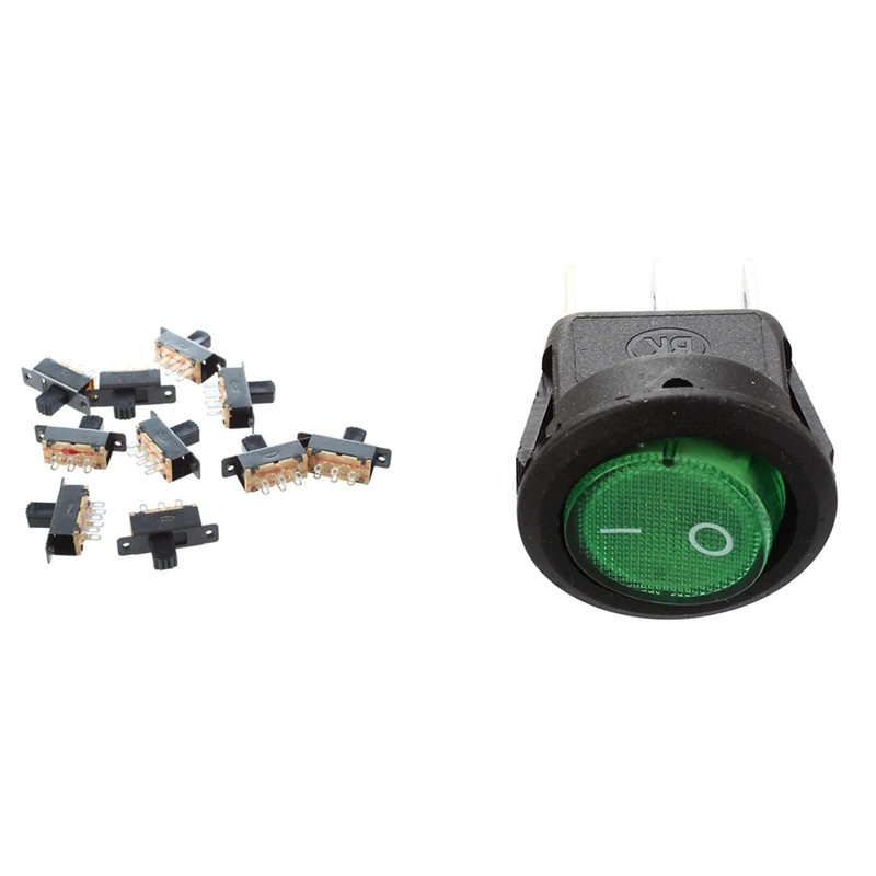 

10 Pcs 2 Position DPDT 2P2T Panel Mount Mini Slide Switch & 5 Pcs 3 Pin SPST Green Neon Light On/Off Round Rocker Switch
