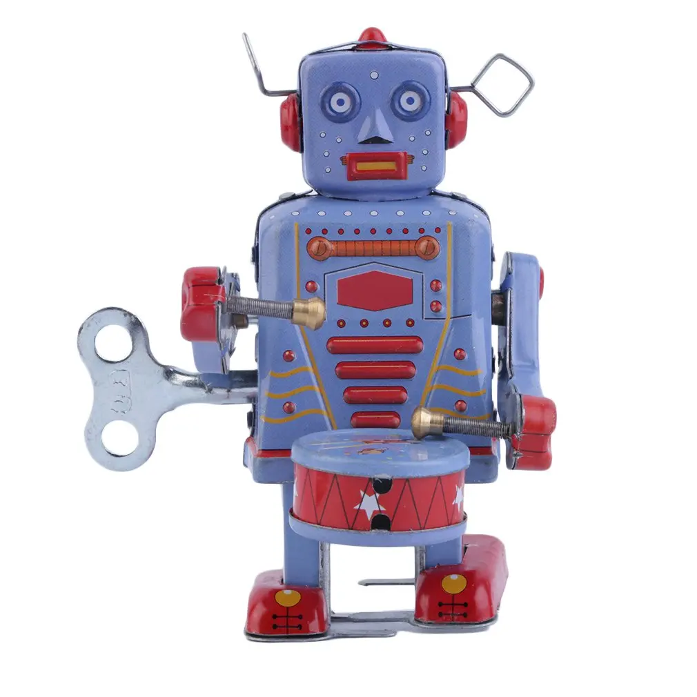 

Hot! Vintage Metal Tin Drumming Robot Clockwork Wind Up Tin Toy Collectible New Sale