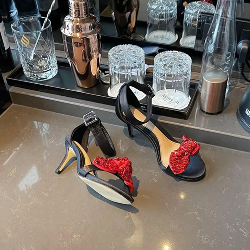 

New Fashion Women Sandals Brand Crystal Bow-knot Party Dress Shoes Ladies Thin High Heel Back Strap 2021 Brand Pumps Shoes