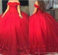 red 3d floral puffy ball gown quinceanera dresses sweet 16 off the shoulder lace up back 2019 party pageant for girls prom dress
