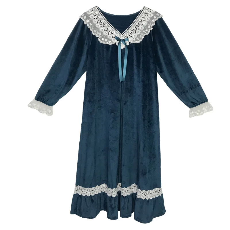 Ночные рубашки в стиле принцессы Женская осенне-зимняя утепленная Вельветовая