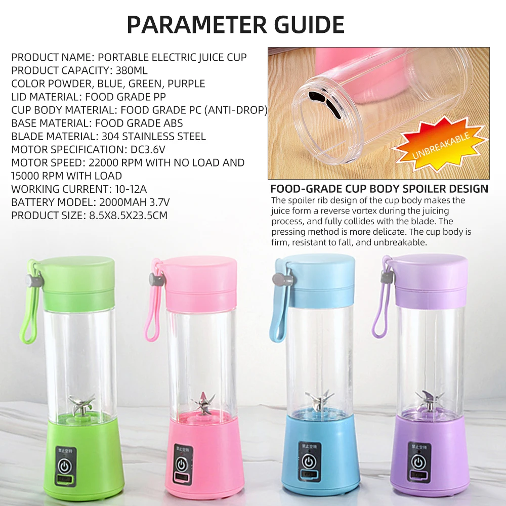 

Portable Mixer USB Electric Fruit Juicer Handheld Smoothie Maker Blender Stirring Rechargeable Mini Food Processor Juice Cup
