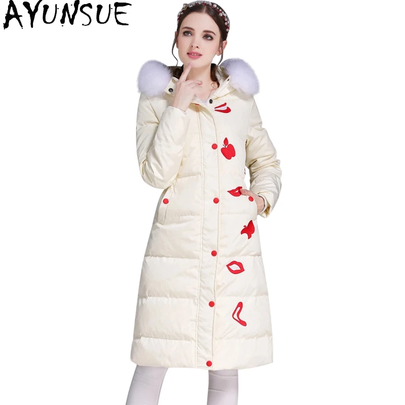 

AYUNSUE Women's Jacket Winter White Duck Down Jackets Female Natural Fox Fur Collar Hooded Parkas Woman Long Coats Casaco TN214