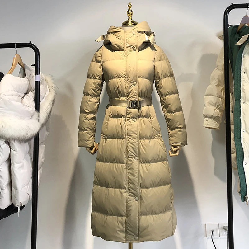 

Зимнее модное женское тонкое пальто на молнии из 90% белого утиного пуха с поясом, женские плотные теплые куртки