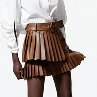 za pu leather skirt women 2021 autumn new sexy high waist bodycon mini street pleated belt skirt faux leather club