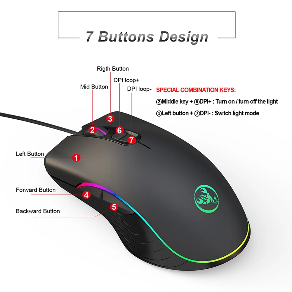 Проводная игровая мышь 6400 DPI RGB 7 программируемая кнопка удобная ручка мыши для