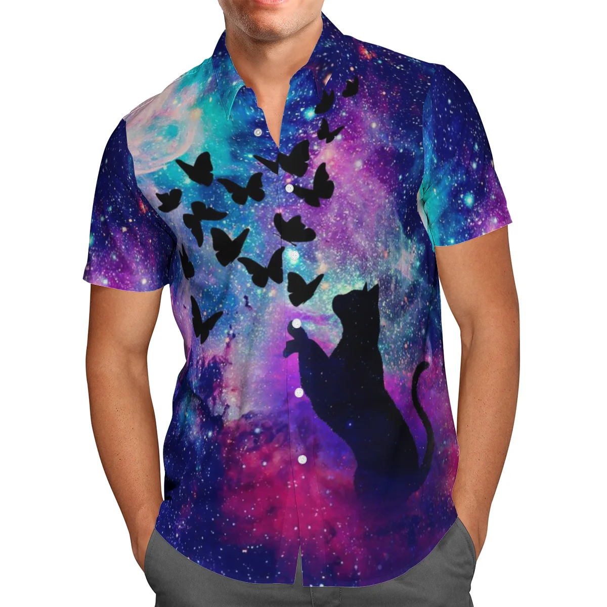 

3D Printing Harajuku Leisure Colorful Animal Cat Scratching Butterfly Hawaii Men Short Sleeve Shirt Streetwear Fashion Camisetas
