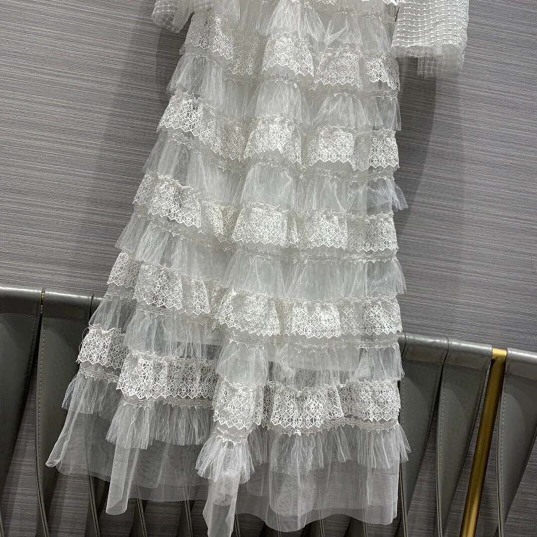 

luxury runway design white flora lace women flare sleeve o-neck high waist cascading ruffle party cake dress maxi dresses