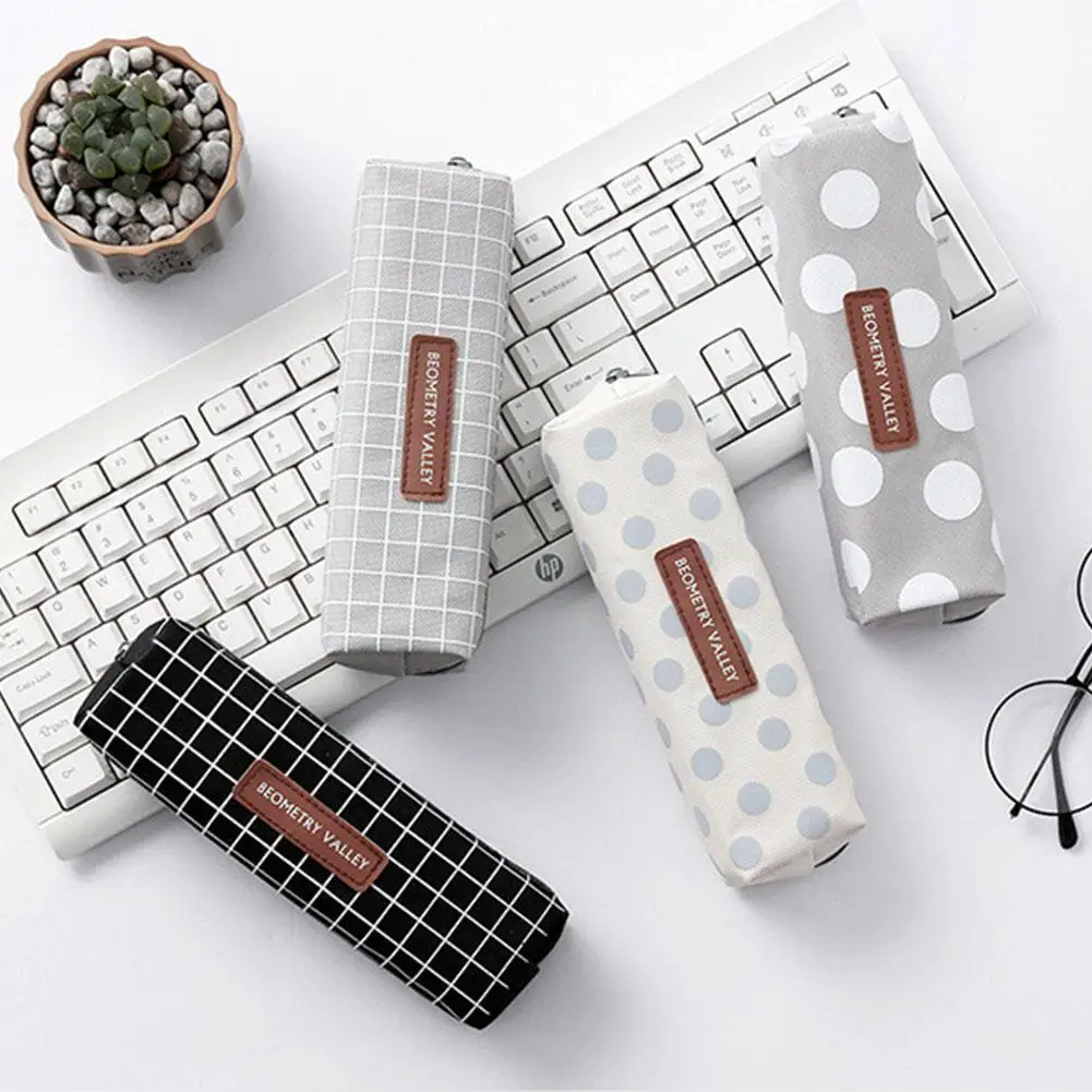 1pcs Small Fresh Square Lattice Dots Pencil Case Office Bags Storage Student Canvas Pencils Stationery School Supplies Mate R4F9 |