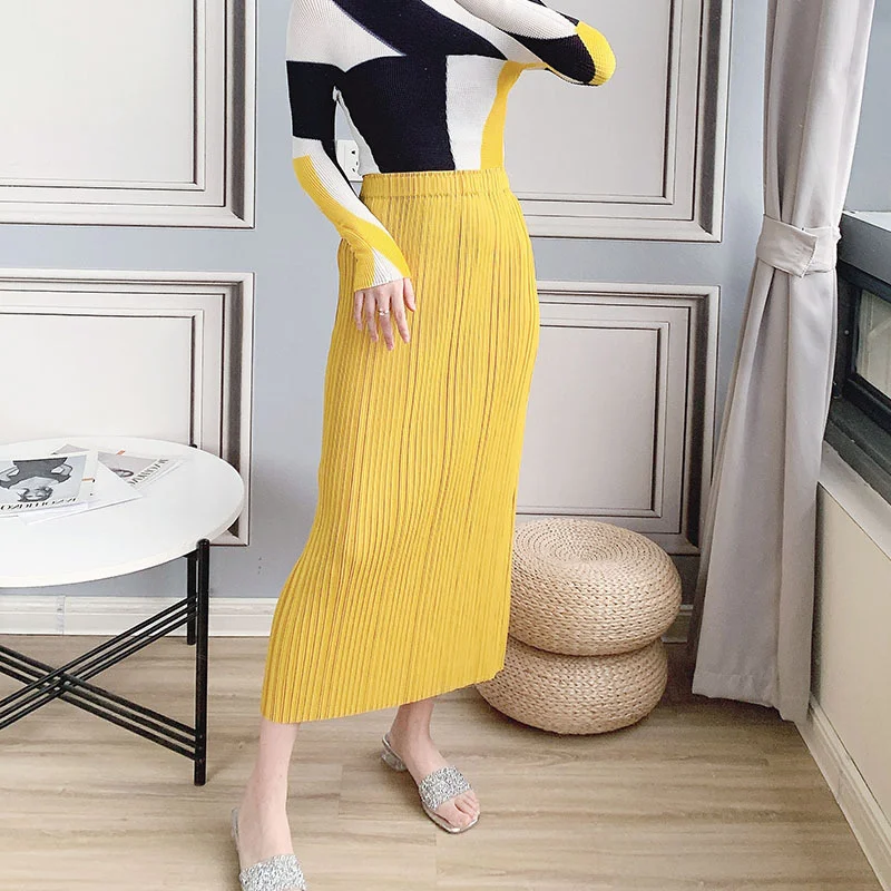 

LANMREM Pleated Skirt Casual Solid Color Slim Long Length 2021 Summer And Autumn Thin High Elastic Skirts 2T1238
