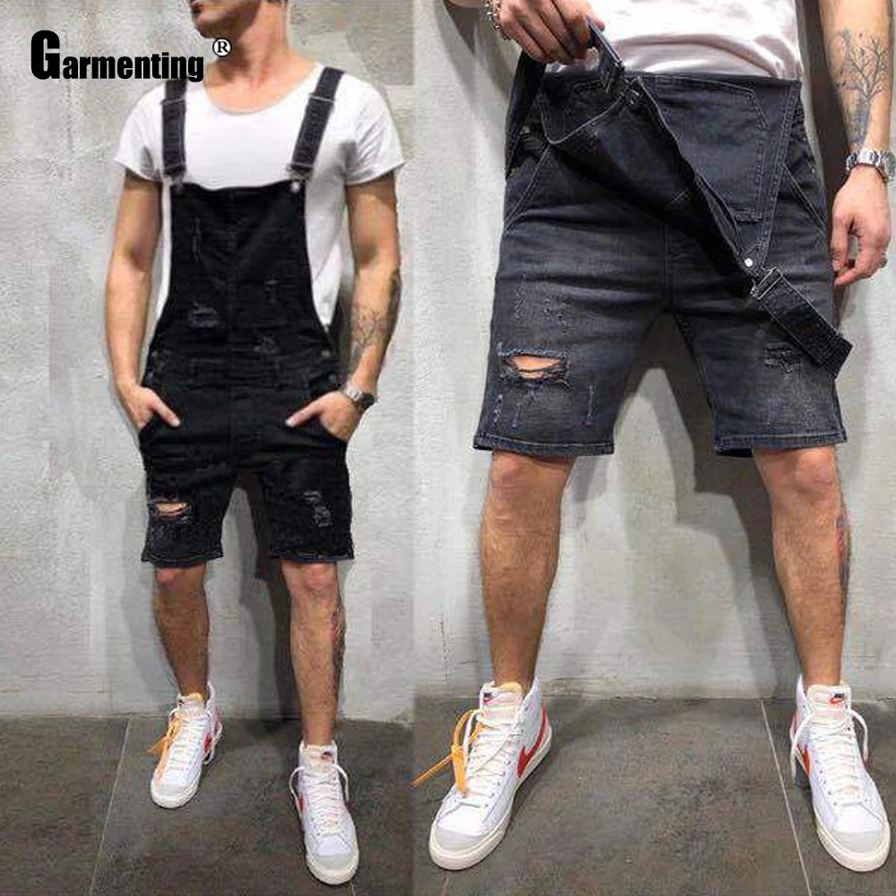 Mens 2021 Summer Fashion Jeans Ripped Denim Suspender Shorts Plus Size Men Multi-Pocket Rompers Jeans Casual Male Frayed Jeans