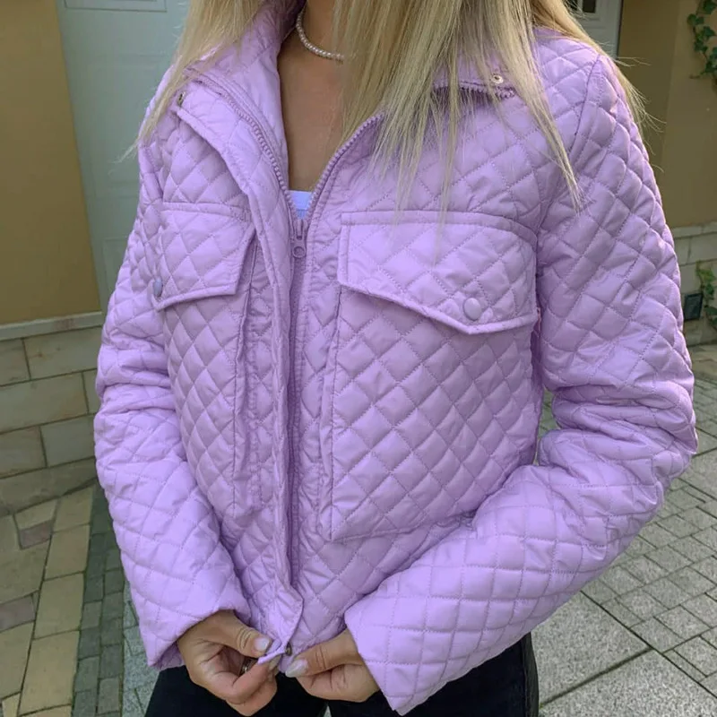 

Women Plaid Winter Jacket Coat Casual Long Sleeve Purple White Outerwear Fashion High Street Zipper Deep Pockets Slim Coats 2021