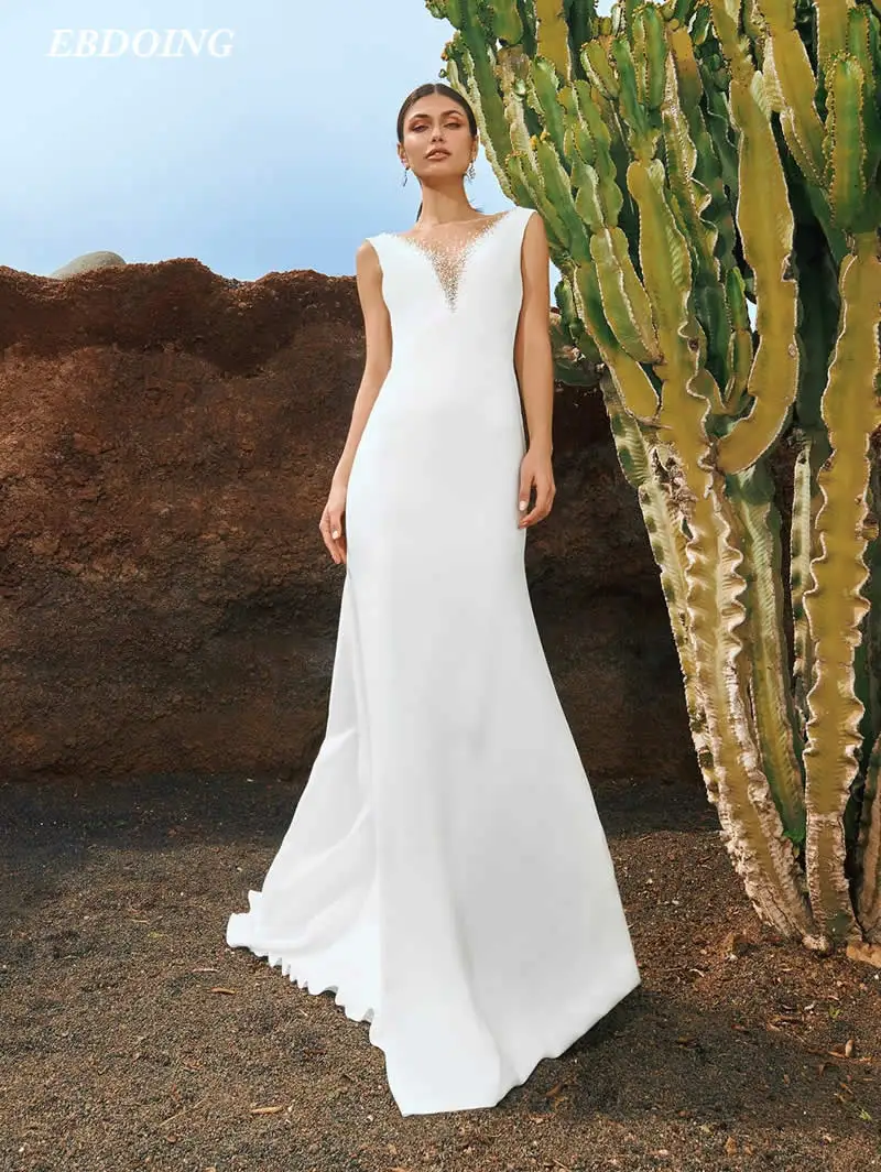 EBDOING Wedding Dress Mermaid Satin Sleeveless Deep V-Neck Neckline With Beading Custom Made Plus Sizes Vestidos De Novia