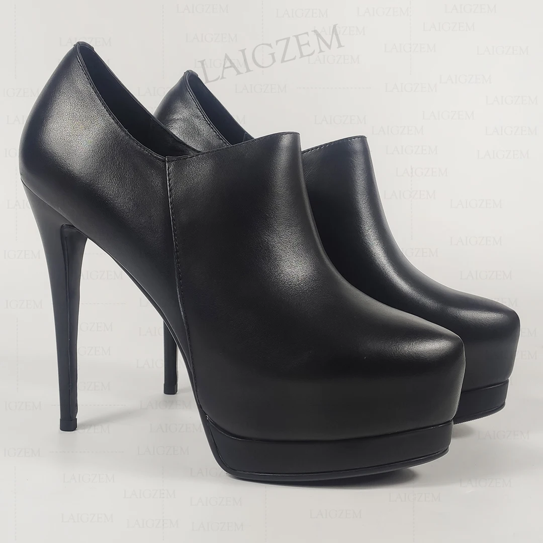 

LAIGZEM Women Ankle Boots Real Leather Platform Zip Up 12CM Thin Heels Short Booties Ladies Black Shoes Woman Size 33 36 39 40