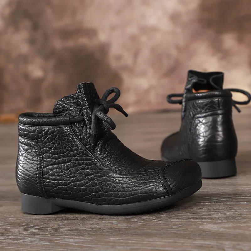 

Johnature Women Shoes Genuine Leather Platform Boots 2021 New Winter Lace-up Square Toe Flat With Sewing Handmade Ankle Boots