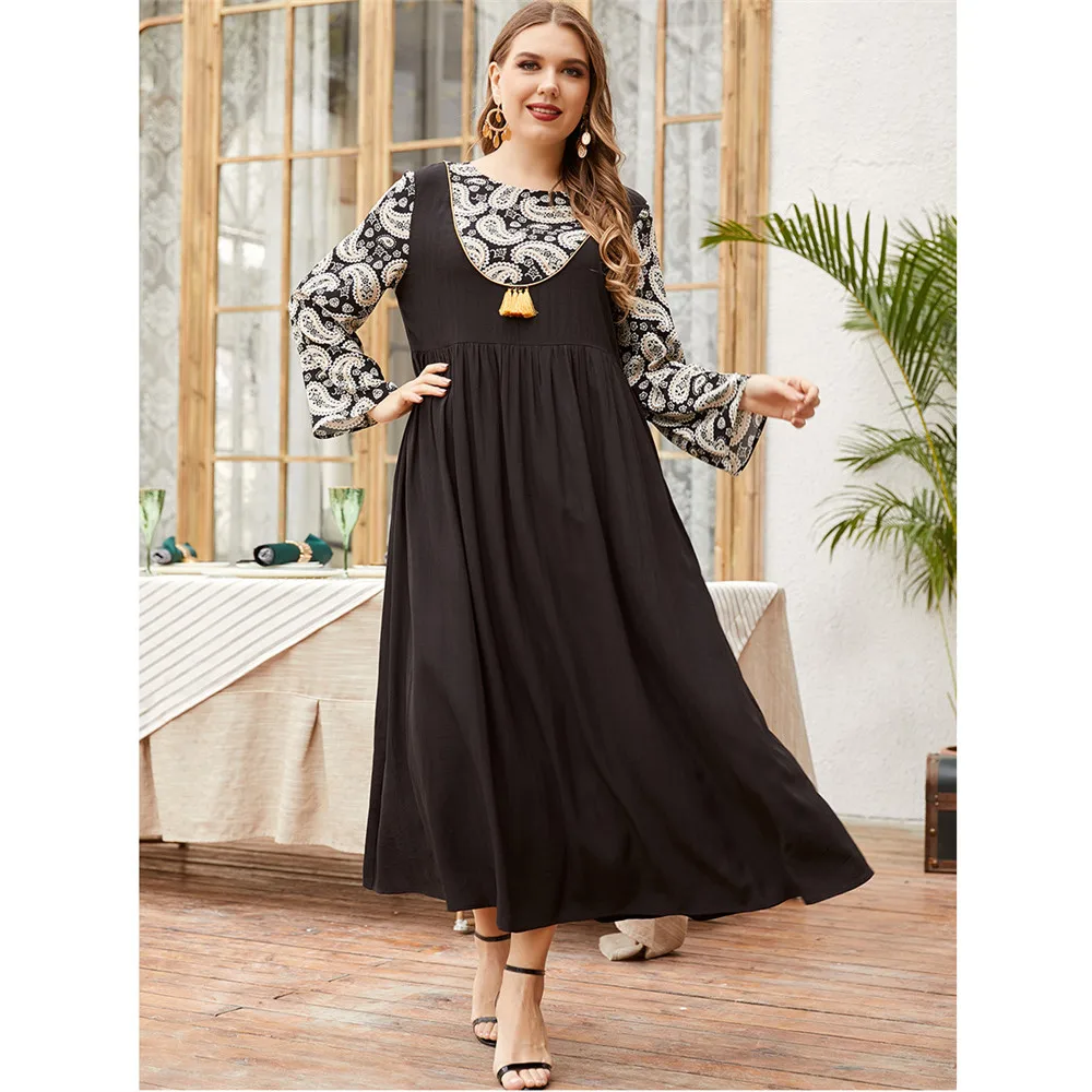 

Ramadan Islamic Muslim Women Long Dress Print Patchwork Abaya Kaftan Tassel Ethnic Arab Maxi Robe Gown Middle East Dubai Turkey
