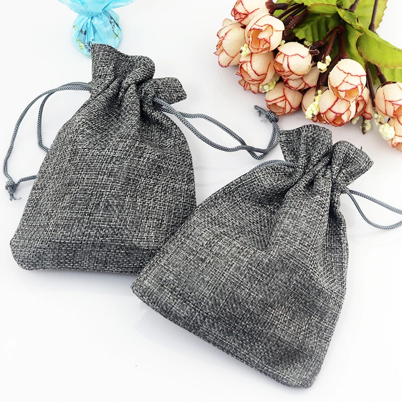 

10pcs/lot Gray Jute Bags 7x9 10x14cm Mini Wedding Gift Candy Display Pouches Pure Drawstring Can Customized Logo Extra Cost