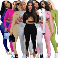 new 2022 solid sexy 2 two piece legging sets womens outfits cross hollow long sleeve crop top tracksuit wholesale clothes