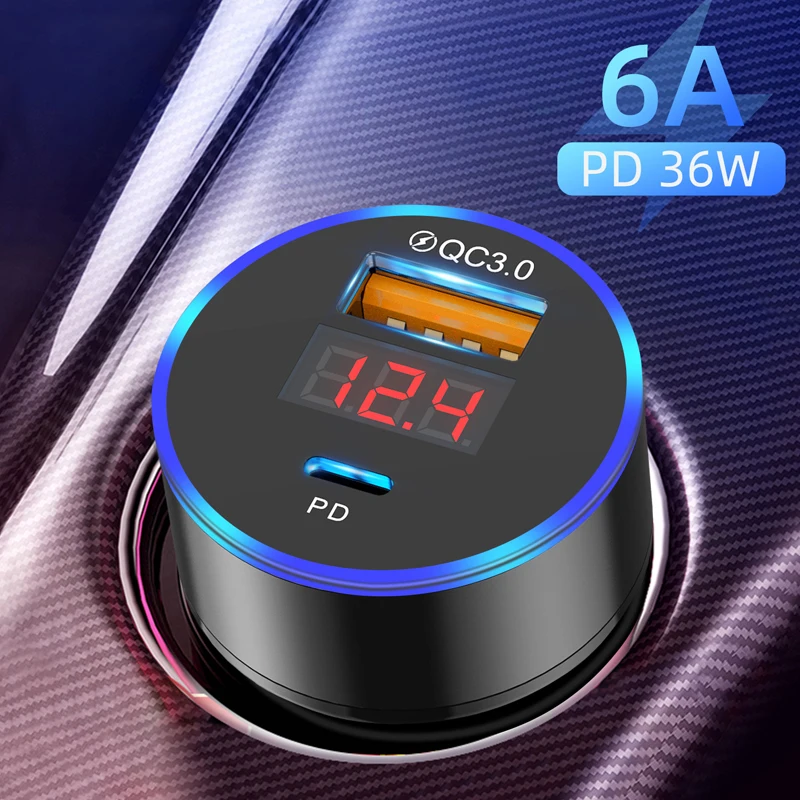 

GTWIN PD QC 3.0 Quick Charge Car Charger for Iphone 12 Samsung 6A Mini LED Light Fast Car Charging Phone Type C Car USB Charger