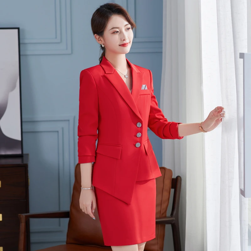 Korean autumn suit large size office women's business white-collar formal dress professional dress work dress red  Suit + skirt